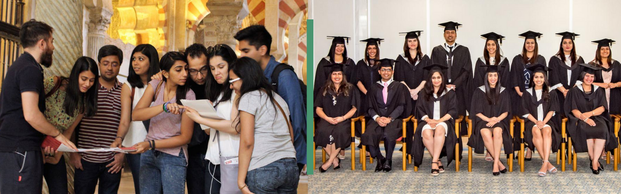 Left: Students of the Graduate Programme in Islamic Studies and Humanities on a field trip to Al-Andalus in southern Spain. Right: Graduands celebrate completing the Secondary Teacher Education Programme.