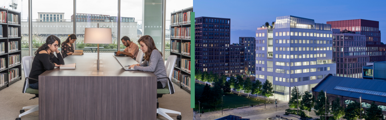 Left: The Aga Khan Library is a place for the active production of knowledge through reading, research, analysis, debate, and discussion. Right: The Aga Khan Centre sits at the heart of London’s Knowledge Quarter in King’s Cross.