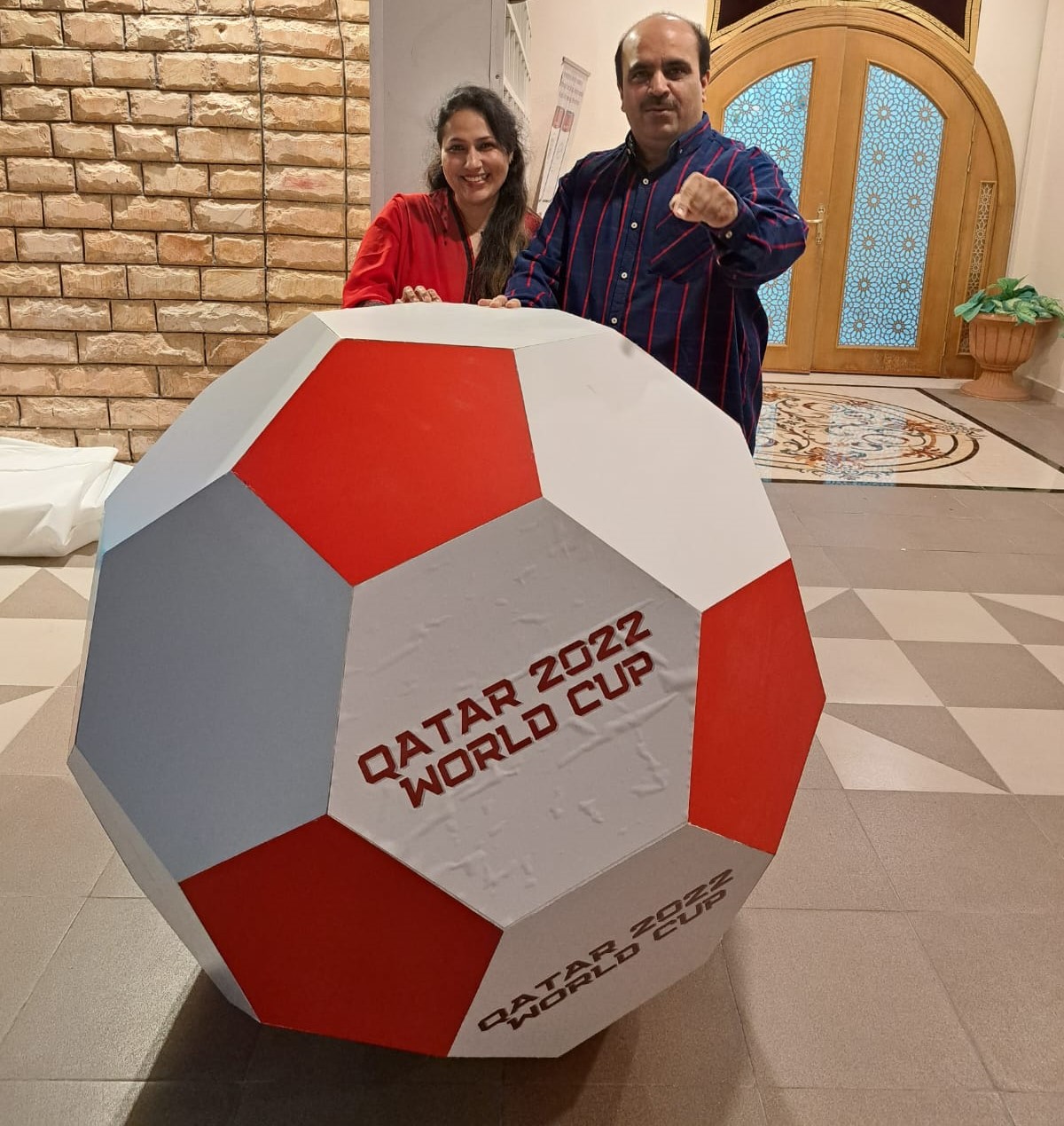 A life size football at the entrance of the Doha Community Centre