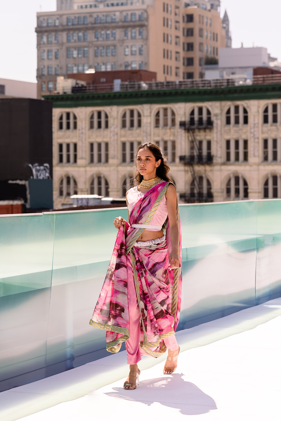 NYFW model draped in a  sari, a tribute to Ashraf’s mother’s love of saris.