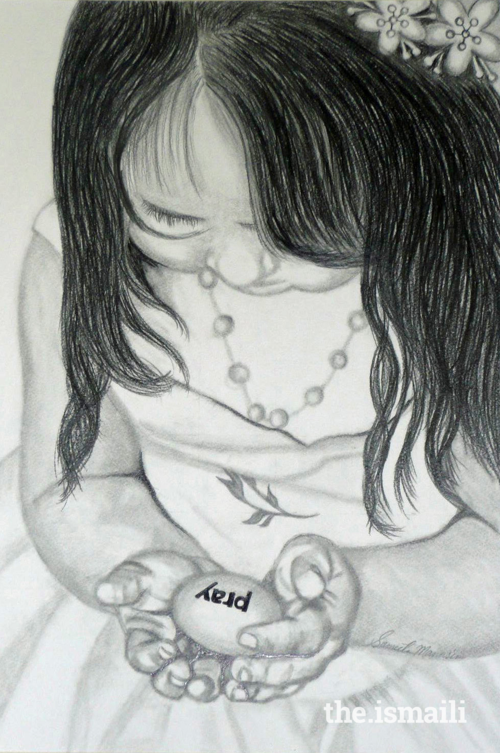 Using ebony pencil on poster board, this drawing depicts a girl in an act of prayer, holding a rock.