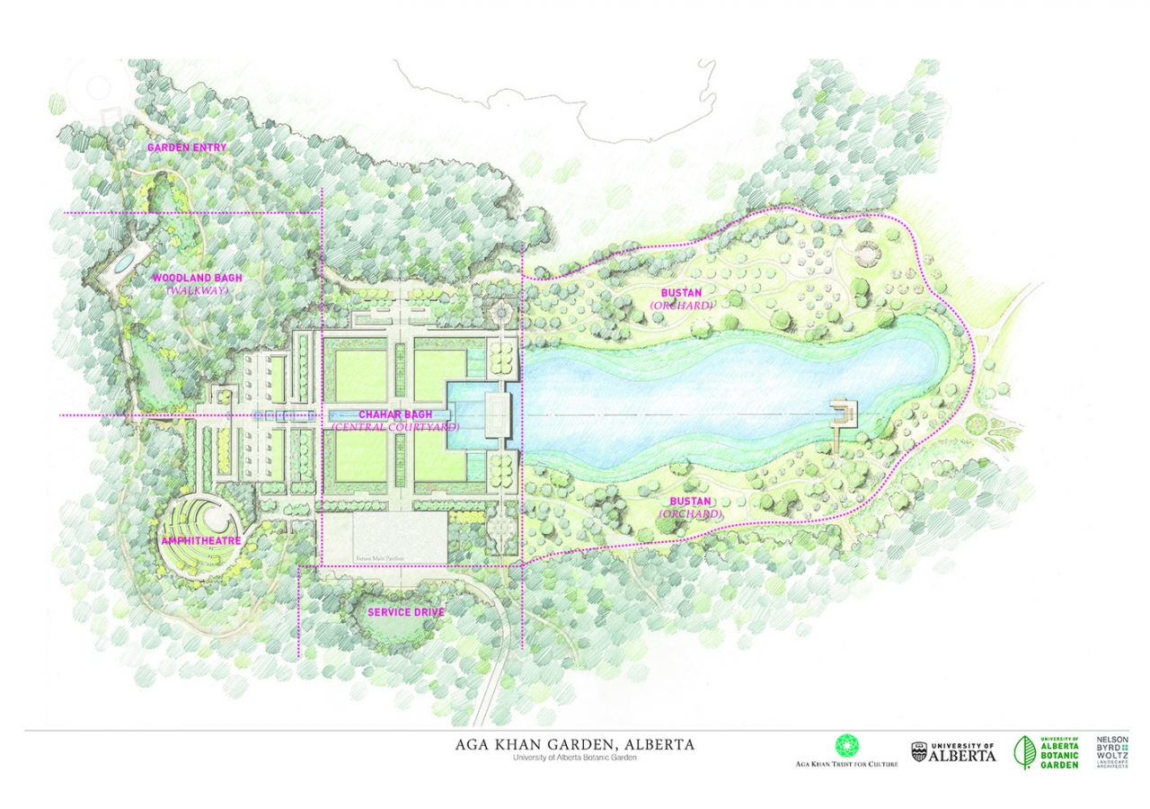 An aerial overview of the design for the Aga Khan Garden, Alberta. NBWLA