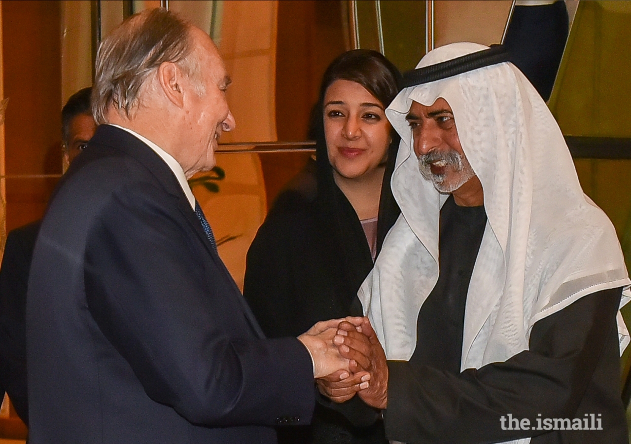 Mawlana Hazar Imam is welcomed by His Excellency Sheikh Nahayan Bin Mabarak Al Nahayan, Minister for Tolerance, and Her Excellency Reem Bint Ebrahim Al Hashimy, Cabinet Member and Minister of State for International Cooperation upon his arrival in Dubai.