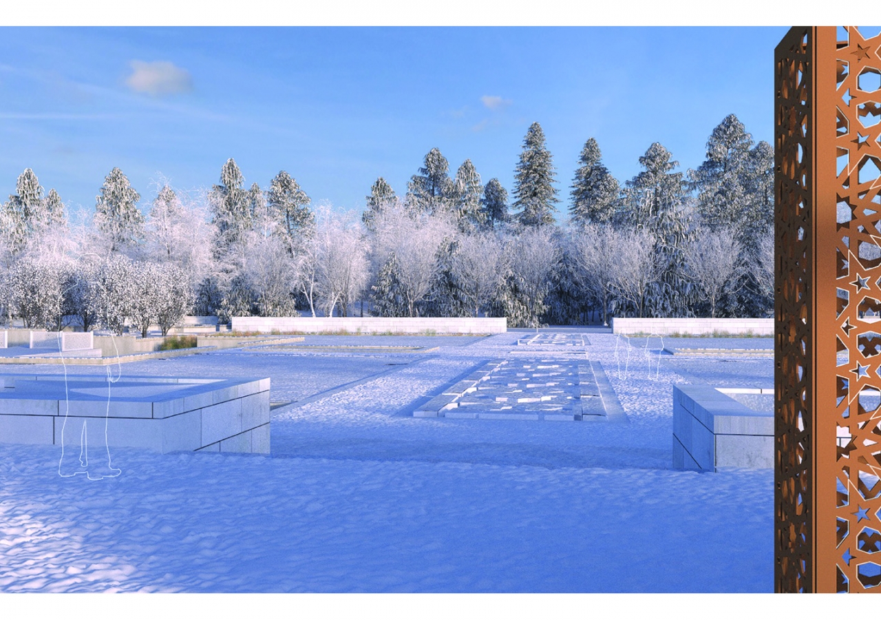 Snow will add emphasis to the geometric structure of the Aga Khan Garden&#039;s chahar-bagh central courtyard. NBWLA