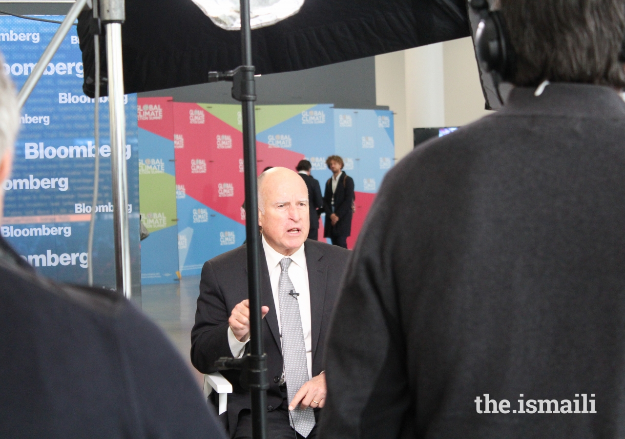 Governor Jerry Brown speaking live to Bloomberg News at the GSAC.