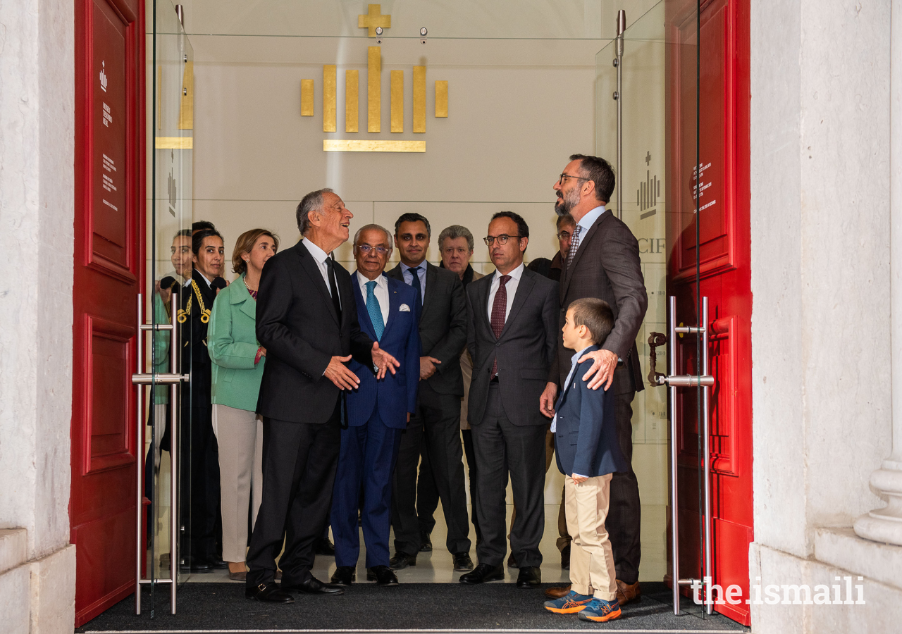 President Marcelo Rebelo de Sousa welcomes Prince Rahim and Prince Sinan to the Royal Treasure Museum at the Ajuda National Palace in Lisbon.