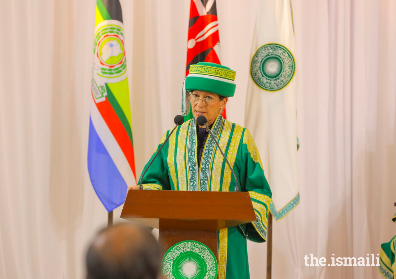 Princess Zahra delivers an address at the AKU convocation ceremony on behalf of the University’s Chancellor, Mawlana Hazar Imam, on 26 February 2022.