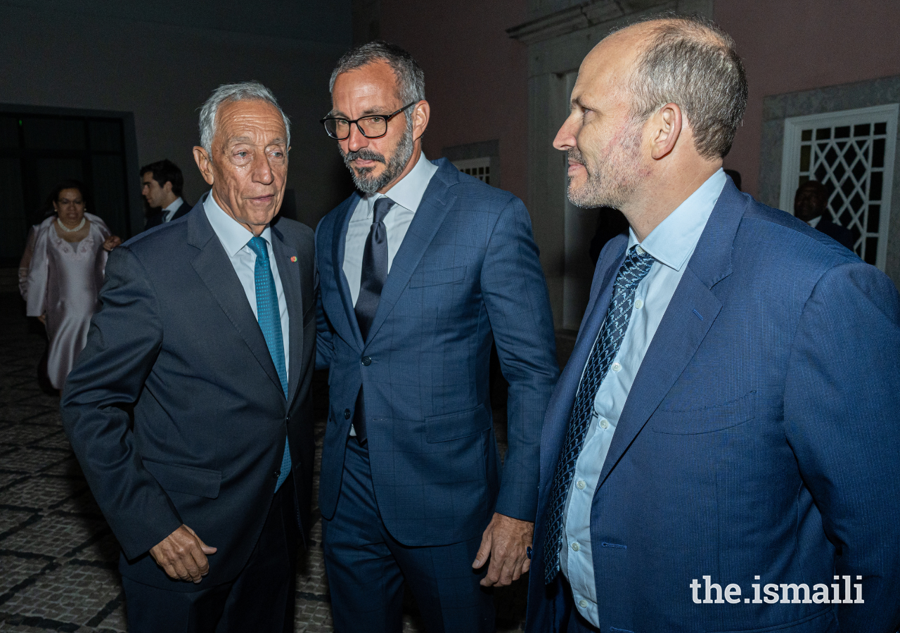 Portuguese President Marcelo Rebelo de Sousa greets Prince Rahim and Prince Hussain at a dinner he hosted on the occasion of the United Nations Ocean Conference in Lisbon on 27 June 2022.