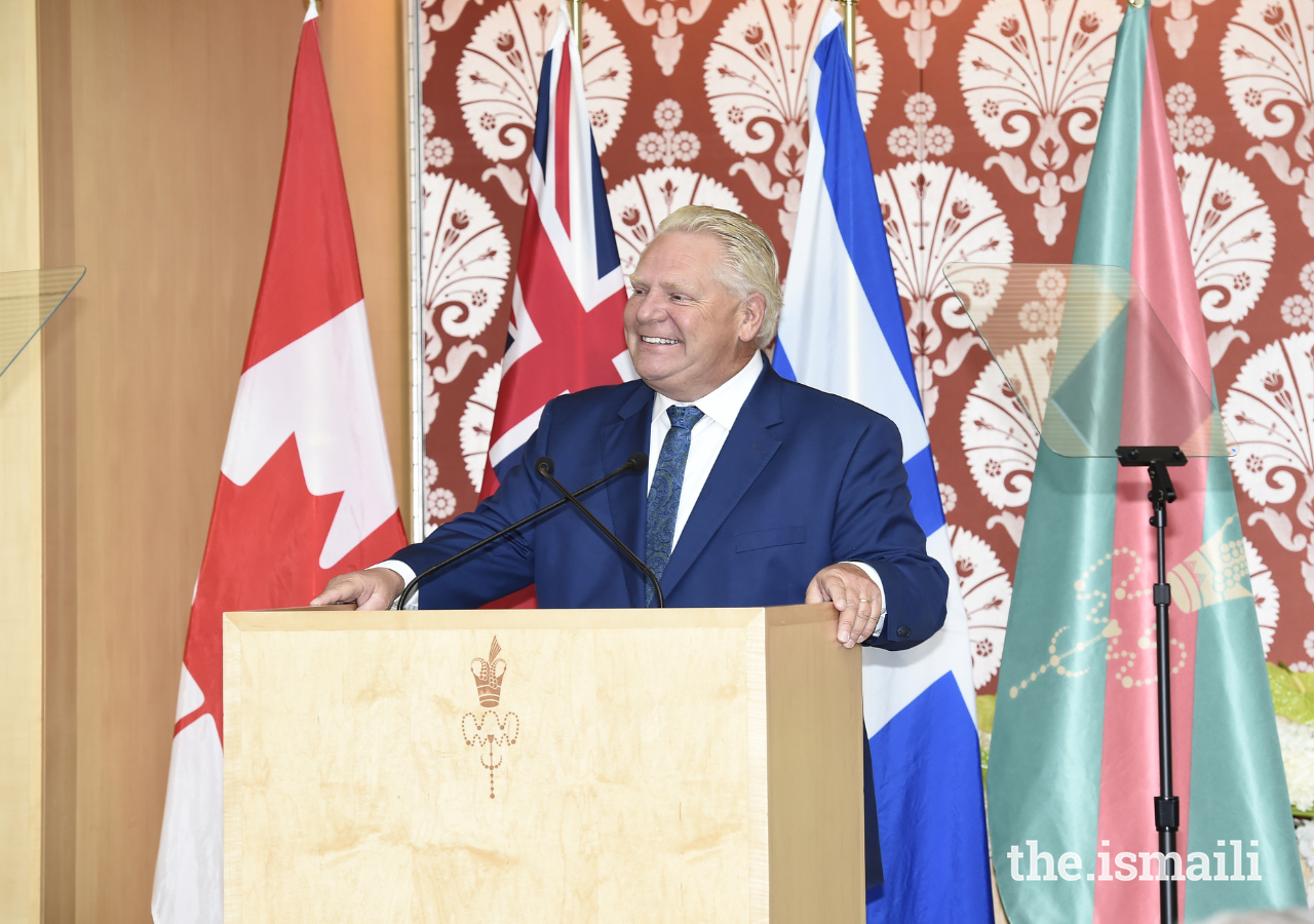 Ontario Premier Doug Ford delivers remarks at the Ismaili Centre, Toronto, shortly after the groundbreaking of Generations Toronto close by.