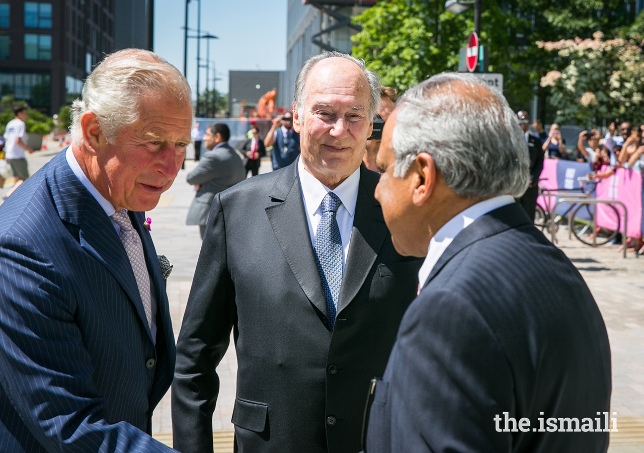 HRH The Prince of Wales is welcomed to the Aga Khan Centre by Mawlana Hazar Imam and Liakat Hasham, President of the Ismaili Council for the UK.