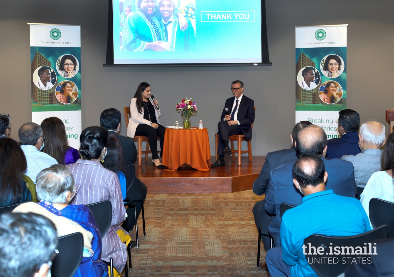 Members of the audience attended a fireside chat with the President of Aga Khan University, Dr. Sulaiman Shahabuddin, and journalist Naheed Rajwani, as they discussed the vision, impact, and magnitude of the University.
