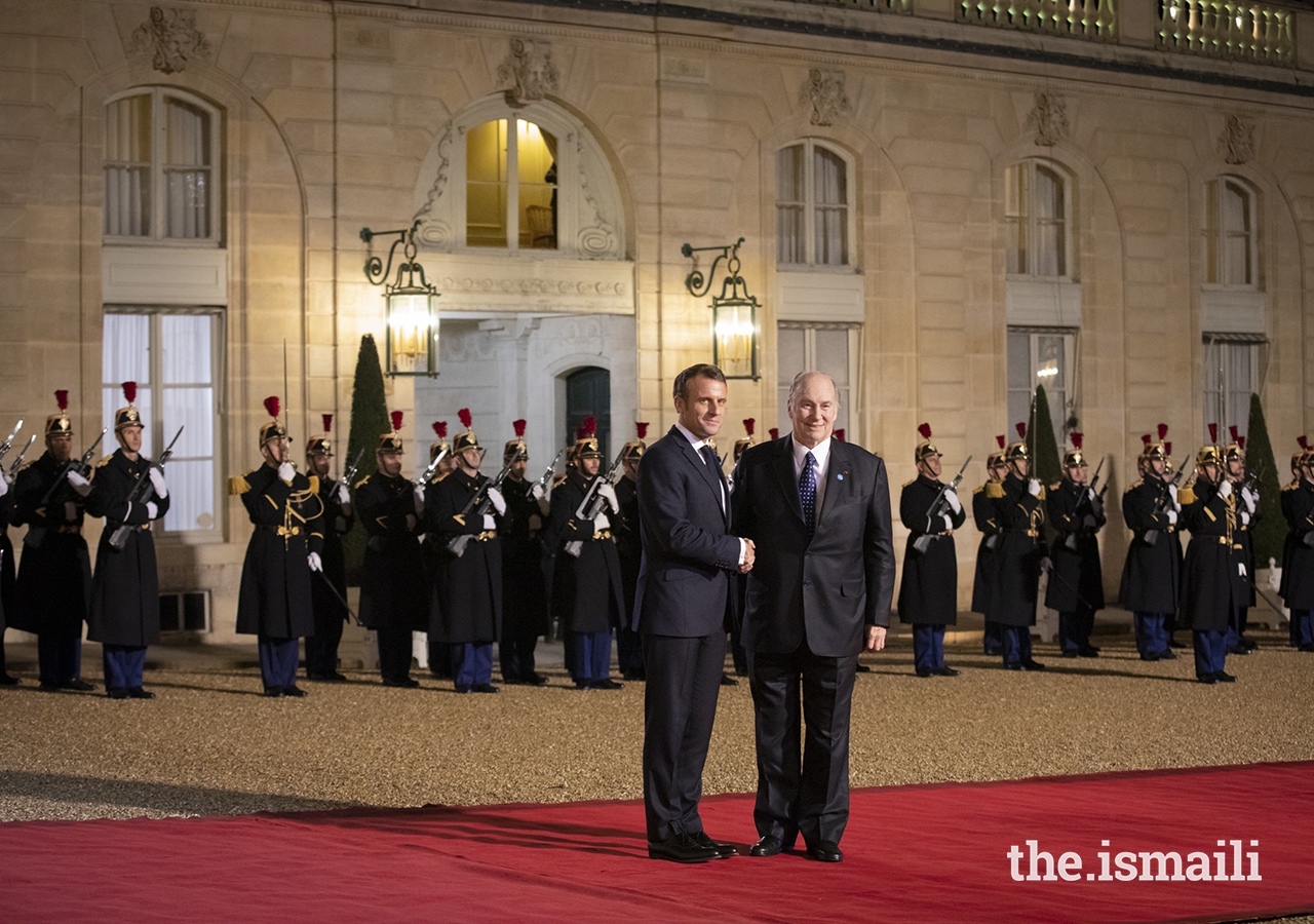 President Emmanuel Macron welcomes Mawlana Hazar Imam to the Élysée Palace for a dinner reception ahead of the Paris Peace Forum.