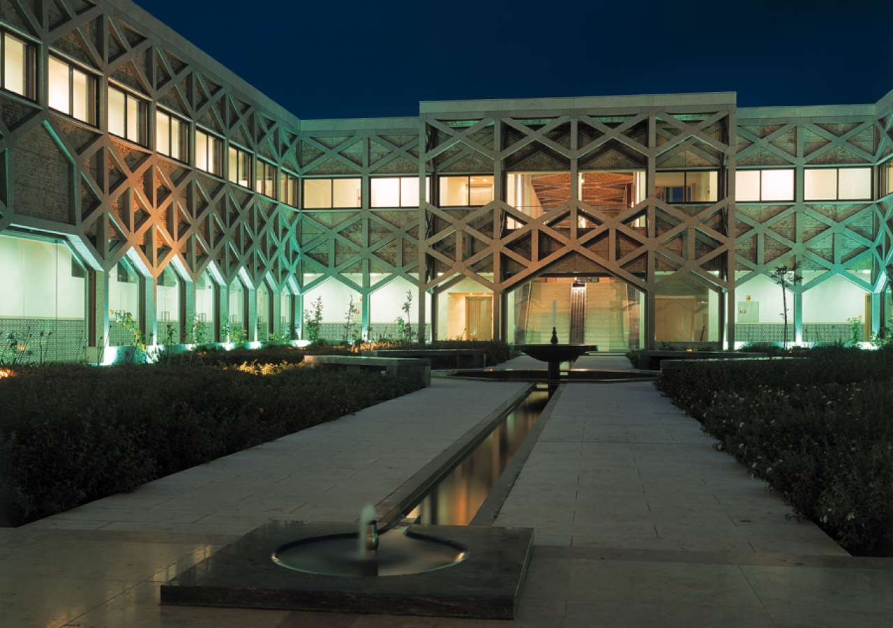 Cool water courses through the courtyard at dusk at the Ismaili Centre, Lisbon.