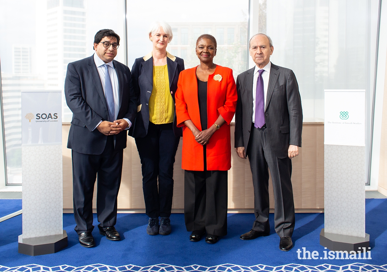 From left to right, Naguib Kheraj, IIS Board of Governor; Professor Deborah Johnston, Pro-Director Learning and Teaching, SOAS; Baroness Valerie Amos, Director, SOAS; Dr Farhad Daftary, Co-Director, IIS; at the celebratory event at the Aga Khan Centre.