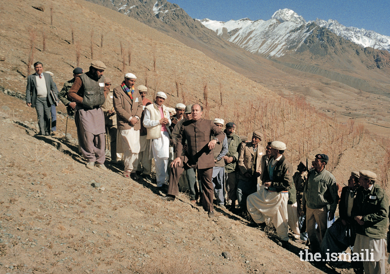 Mawlana Hazar Imam visits projects of the Aga Khan Rural Support Programme in Teru, Gilgit, in 1987. The programme was initiated in 1982 to improve the socio-economic conditions of the people of Northern Pakistan.