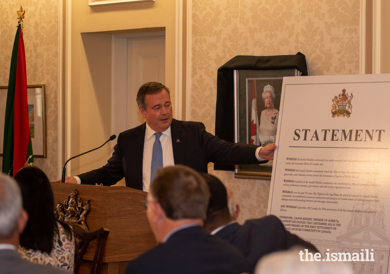 Premier of Alberta Jason Kenney presents a Government Proclamation acknowledging 50 years of the Jamat’s significant presence in Alberta and Canada.