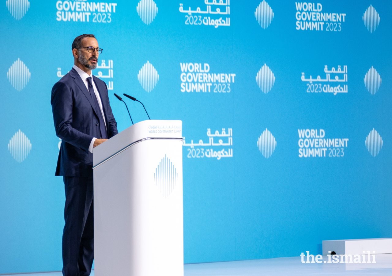 Prince Rahim delivers a speech to delegates gathered at the World Government Summit in Dubai on 13 February 2023.