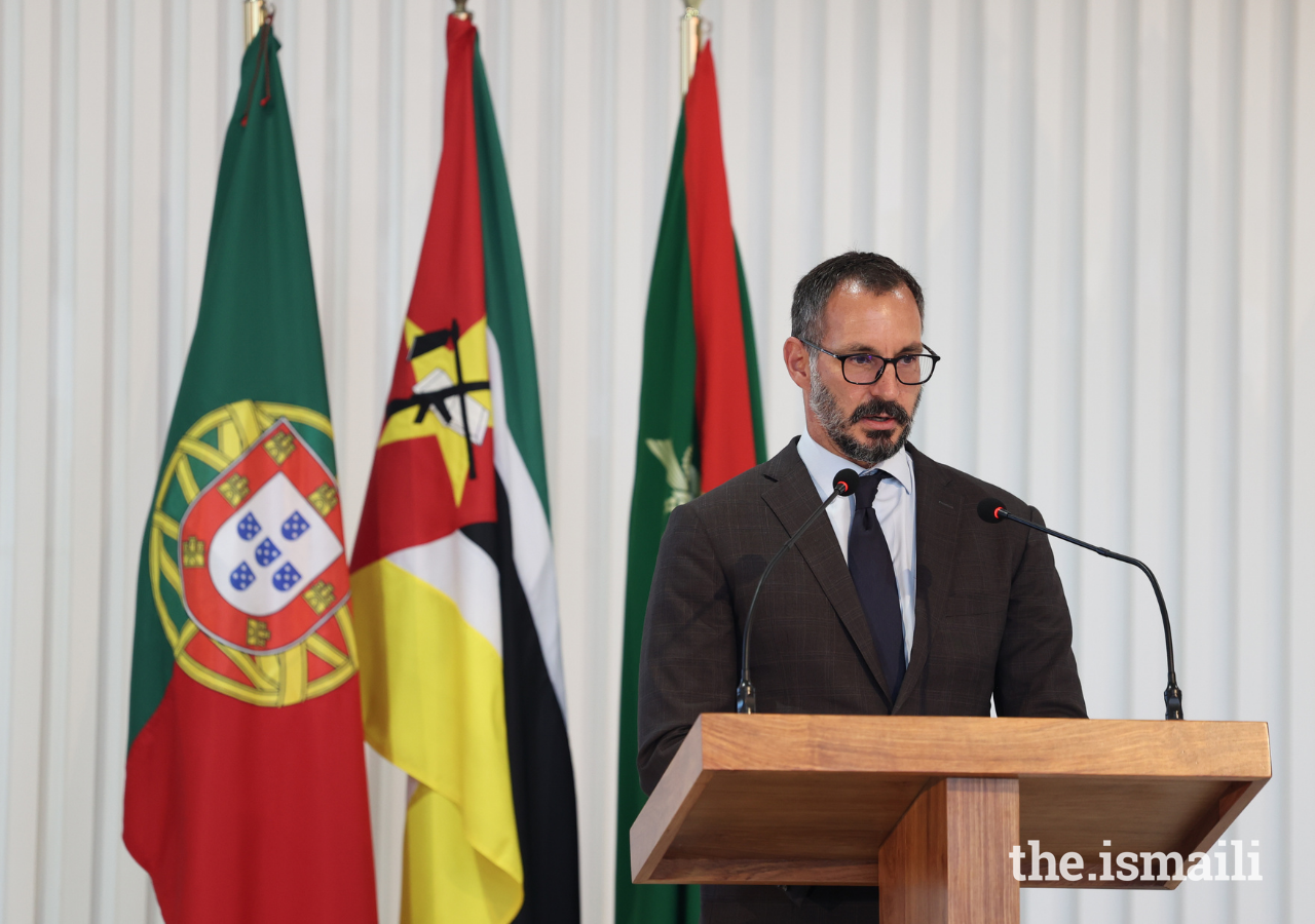 Prince Rahim addresses guests gathered for the inauguration of the Aga Khan Academy Maputo on 19 March 2022.