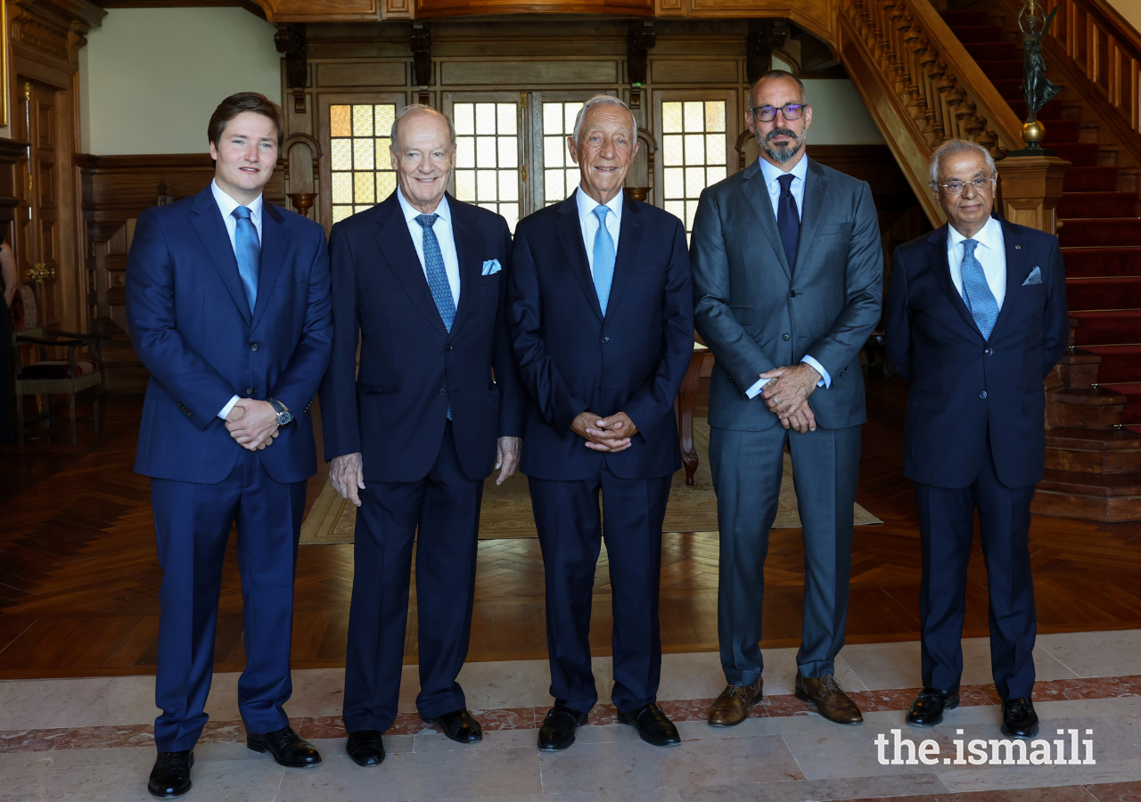 (From left) Prince Aly Muhammad, Prince Amyn, President Marcelo Rebelo de Sousa, Prince Rahim, and Nazim Ahmad attend an Imamat Day reception hosted at the Diwan of the Ismaili Imamat in Lisbon.