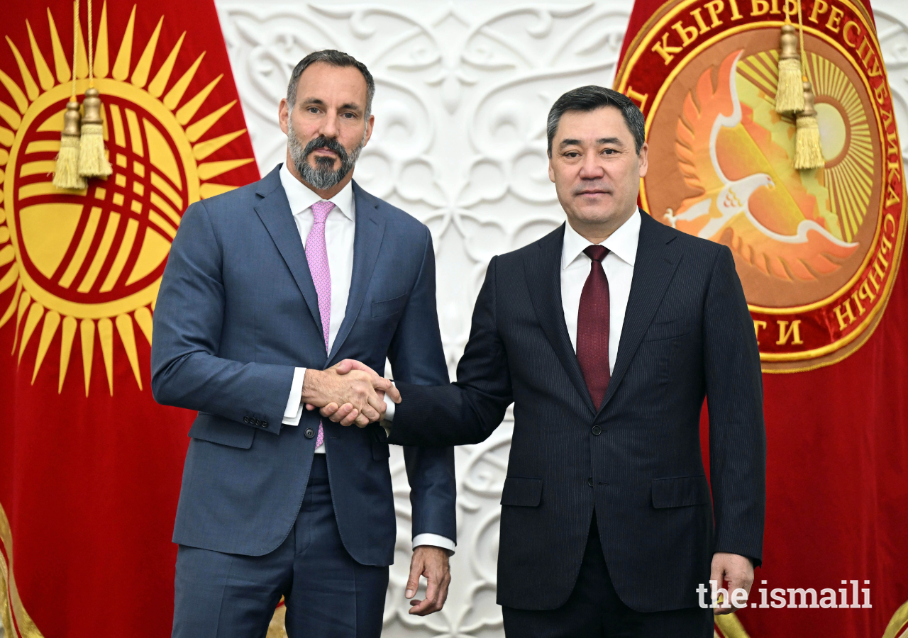 Prince Rahim with His Excellency Sadyr Japarov, President of the Kyrgyz Republic, at the Ala Archa State Residence in Bishkek.