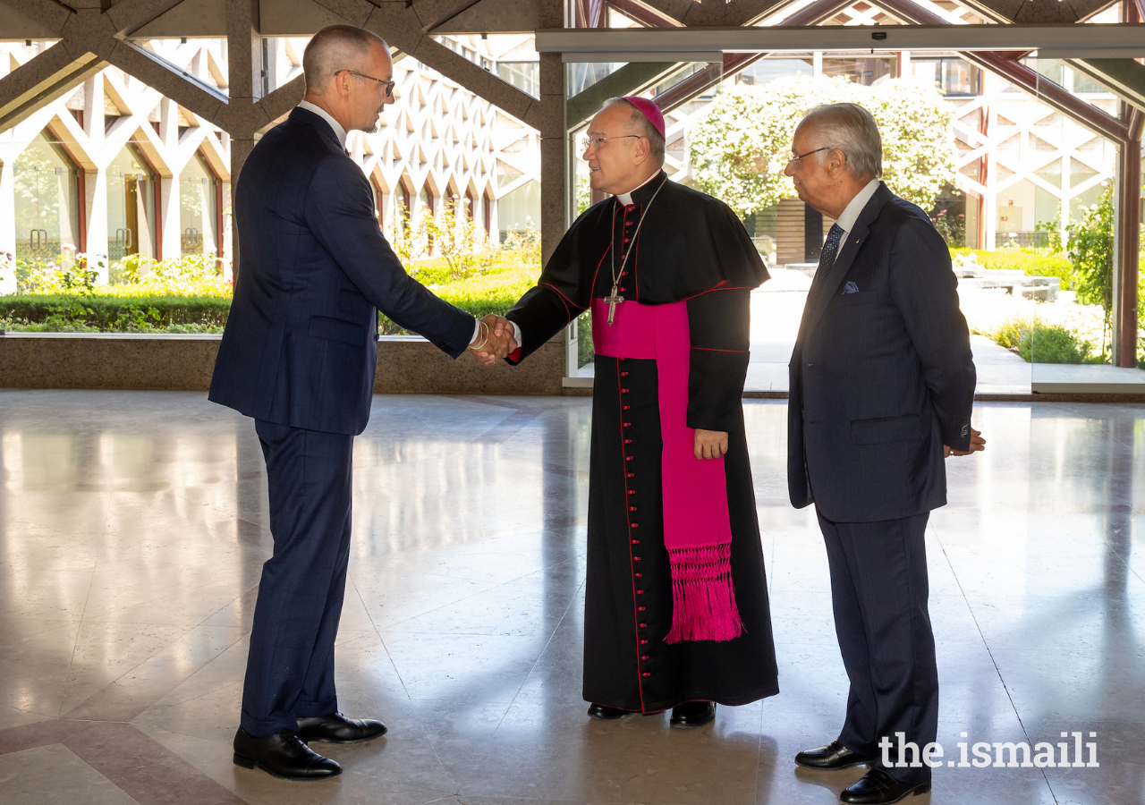 Prince Rahim bids farewell to Monsignor Peña Parra after their meeting at the Ismaili Centre, Lisbon on 12 May 2022.