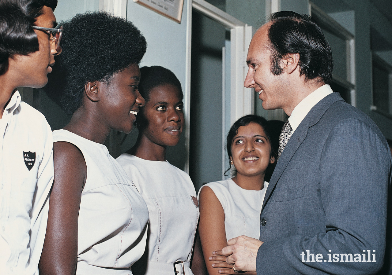 Mawlana Hazar Imam speaks to students at the Aga Khan High School whilst visiting Kampala, Uganda in 1972. The school was established in 1959 and was the first multicultural school in Uganda. 