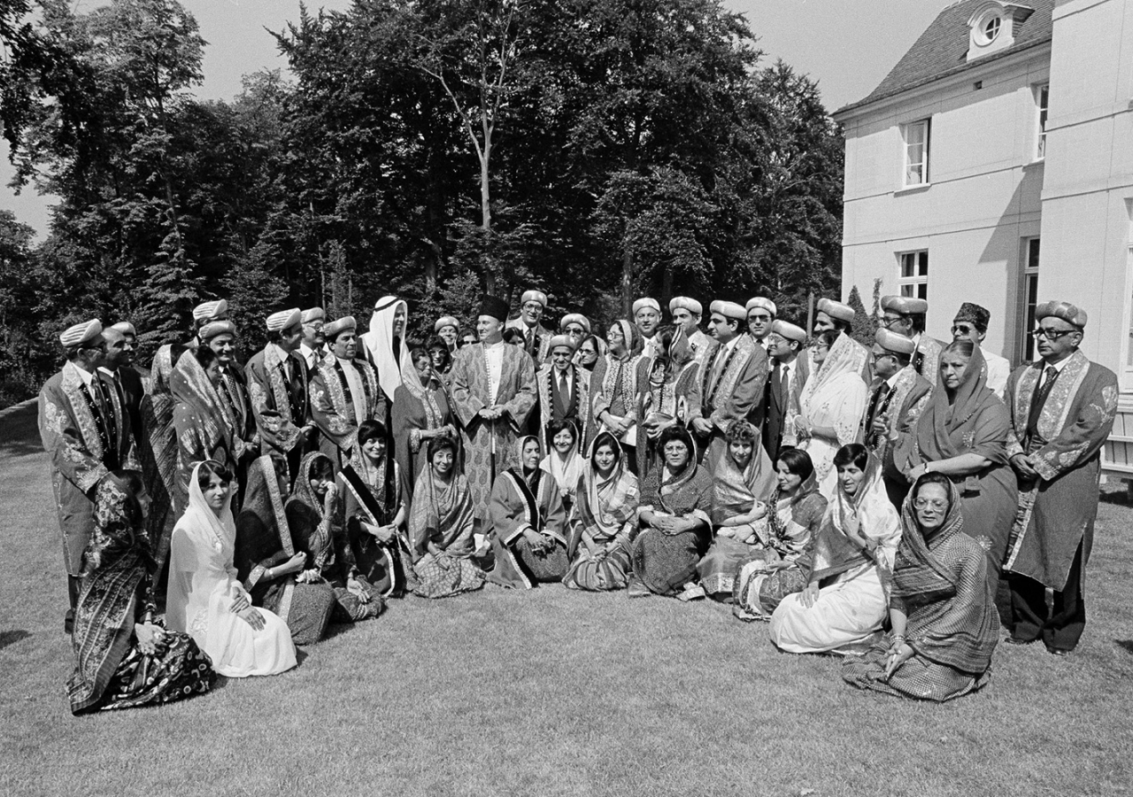 Mawlana Hazar Imam with Ismaili leaders from around the world on the occasion of his Silver Jubilee at a ceremony held at Aiglemont on 11 July 1982. 