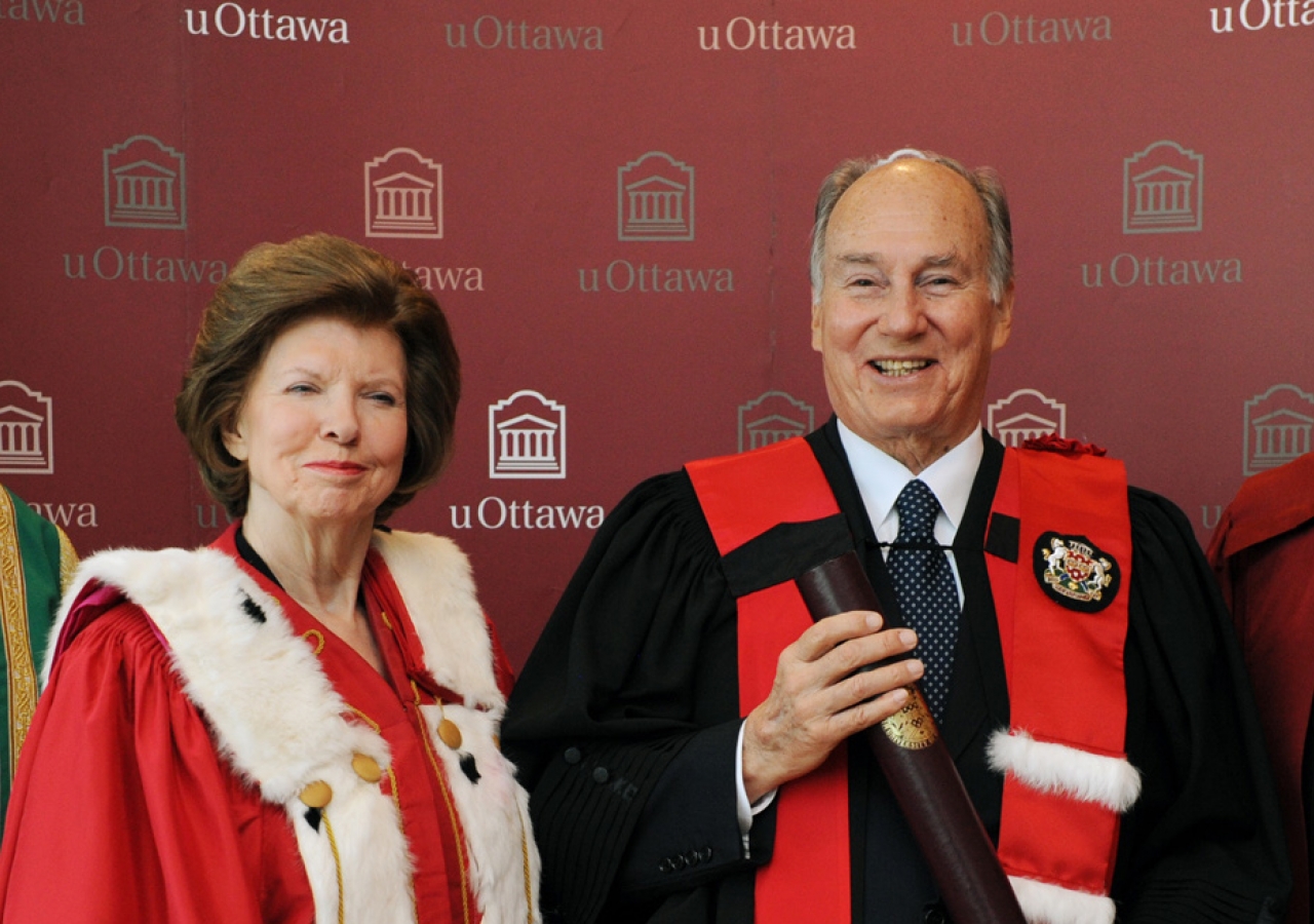 Mawlana Hazar Imam together with AKU President Firoz Rasul, University of Ottawa Chancellor Huguette Labelle and President Allan Rock, after Hazar Imam received an honorary doctorate from the University.