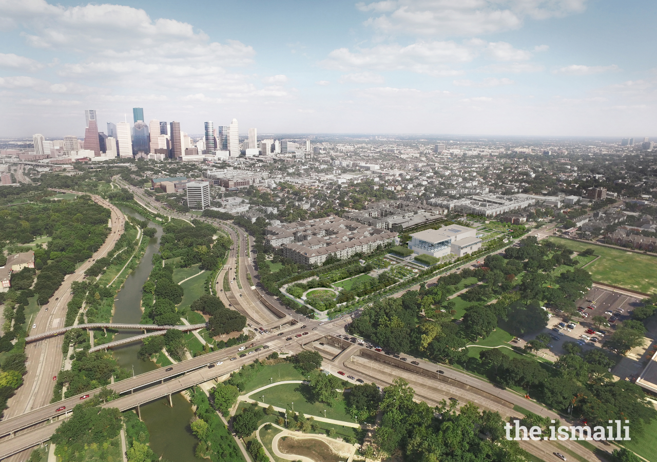 Aerial view of the Ismaili Center and its gardens located in the heart of the City of Houston across from Buffalo Bayou Park to the left. 
