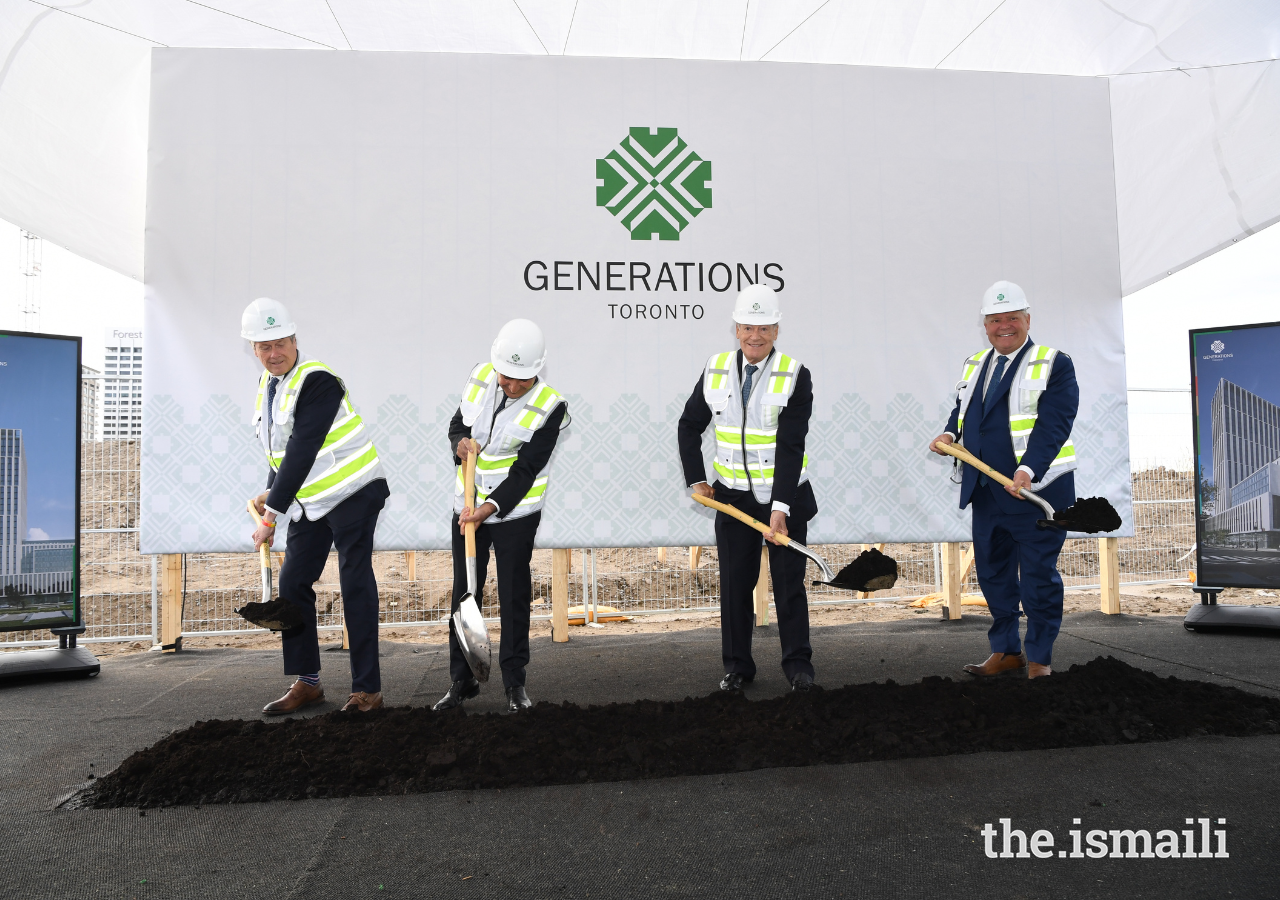 (L to R) Toronto Mayor John Tory, Ismaili Council for Canada President Ameerally Kassim-Lakha, Prince Amyn, and Ontario Premier Doug Ford perform a ceremonial sod turning and break ground on Generations Toronto.