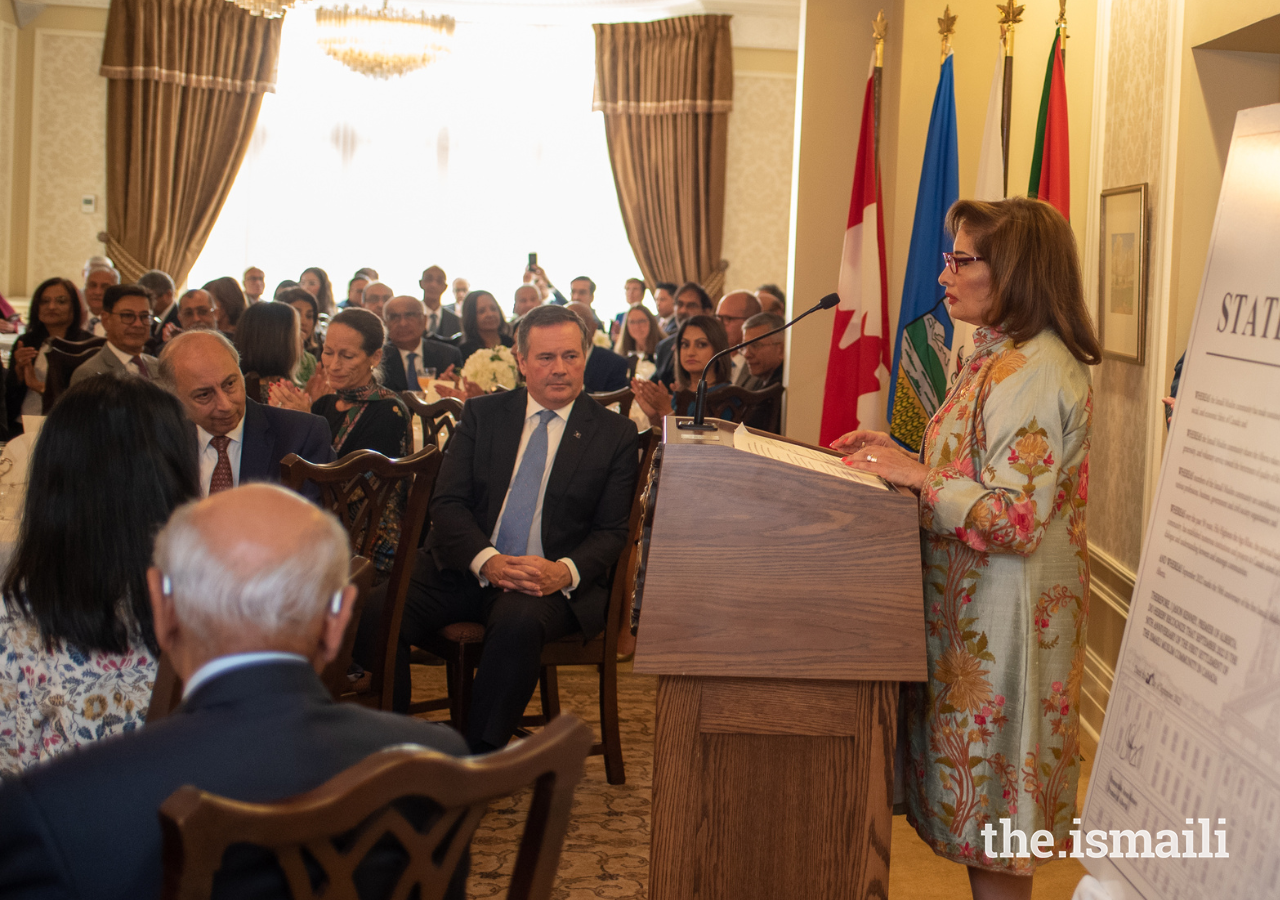Lieutenant Governor of Alberta Salma Lakhani delivers remarks at a luncheon hosted by Alberta's Premier Jason Kenney at Government House in Edmonton on 28 September 2022.