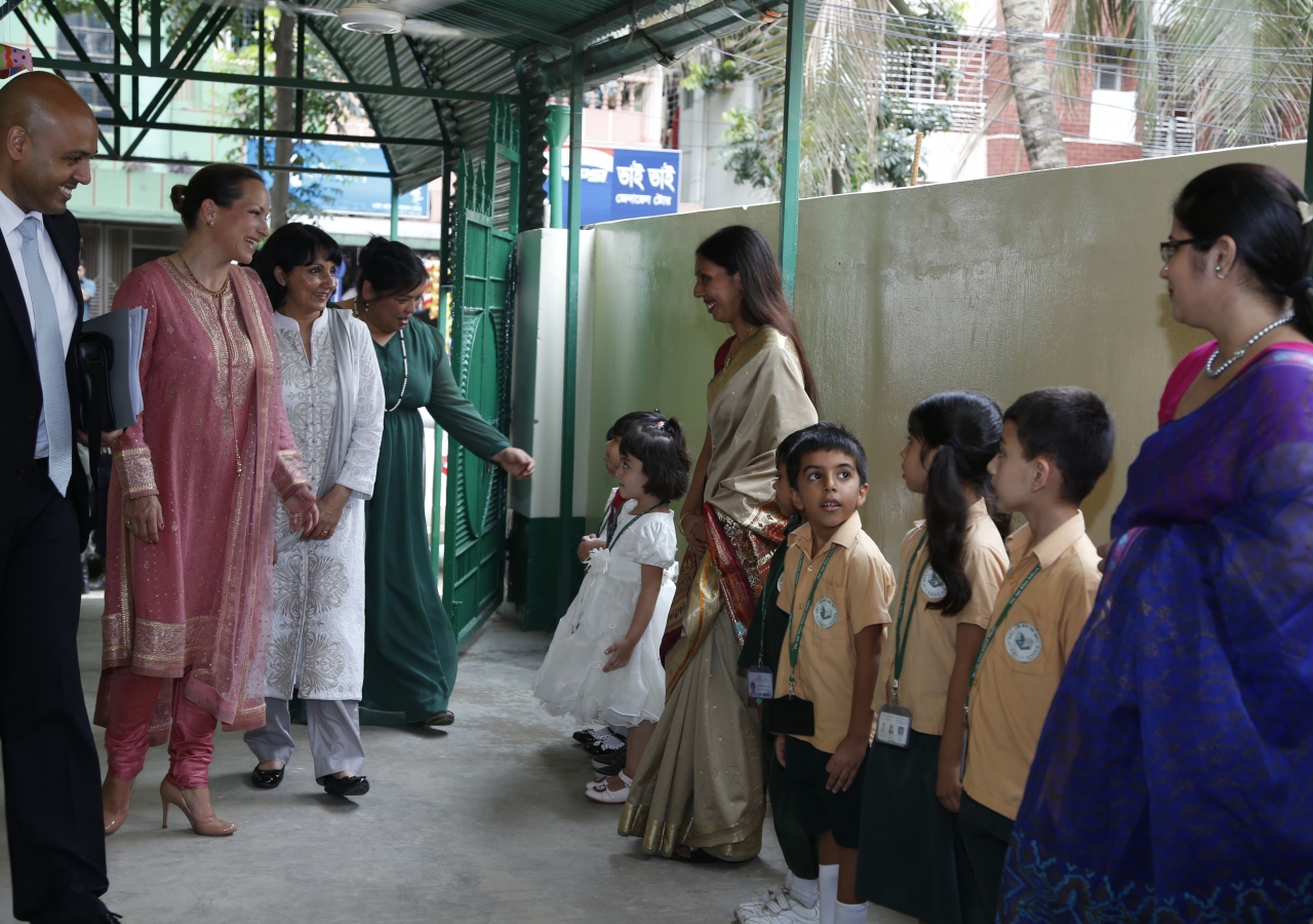School children greet Princess Zahra at the Aga Khan School, Dhaka.