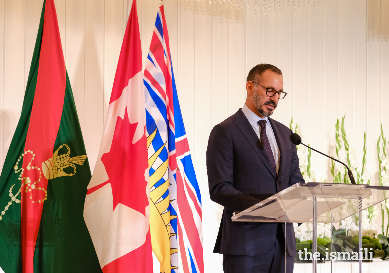 Prince Rahim addresses guests shortly after signing the Agreement of Cooperation with the Province of British Columbia on behalf of the Ismaili Imamat.