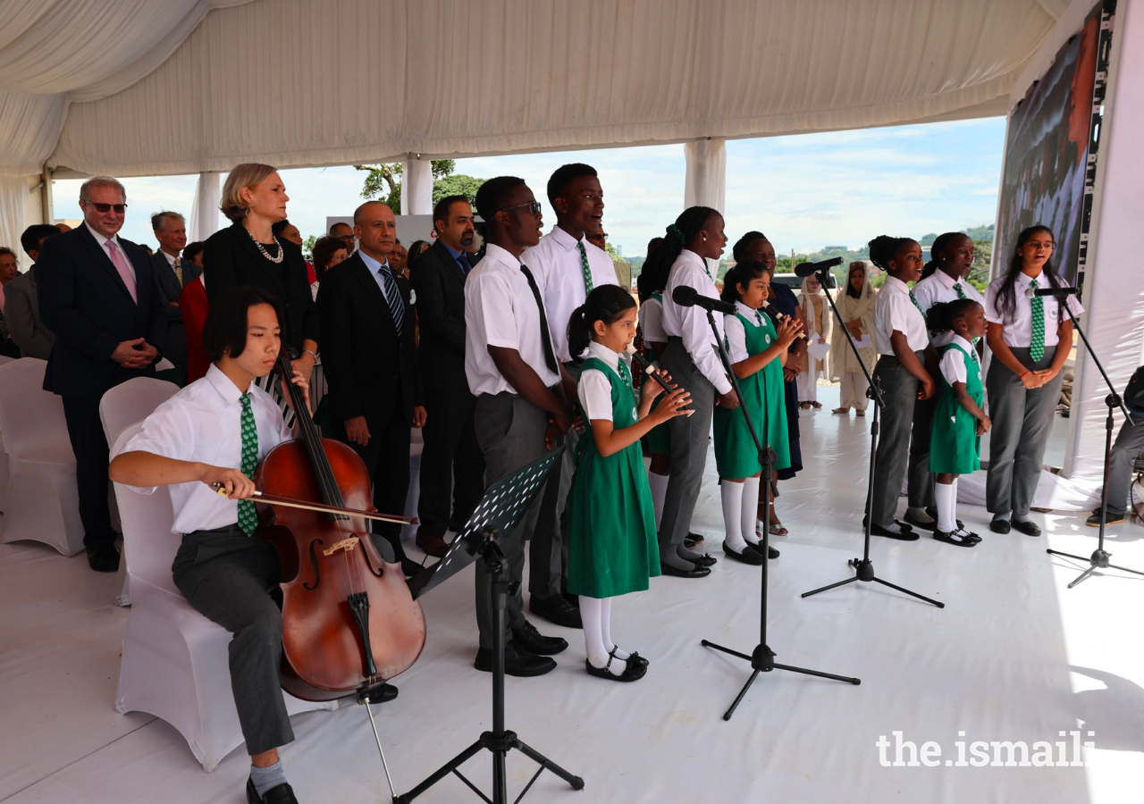Students from the Aga Khan School Kampala perform the Ugandan National Anthem during the commencement ceremony of the Aga Khan University’s Kampala campus on 27 April 2023