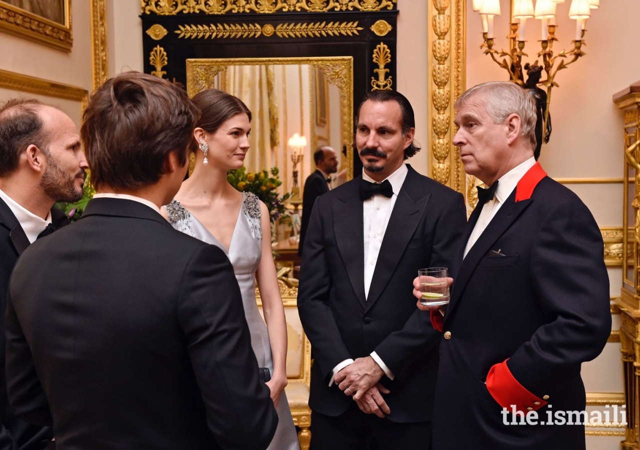 His Royal Highness the Duke of York in conversation with members of Mawlana Hazar Imam’s family at a dinner hosted by Her Majesty the Queen at Windsor Castle.