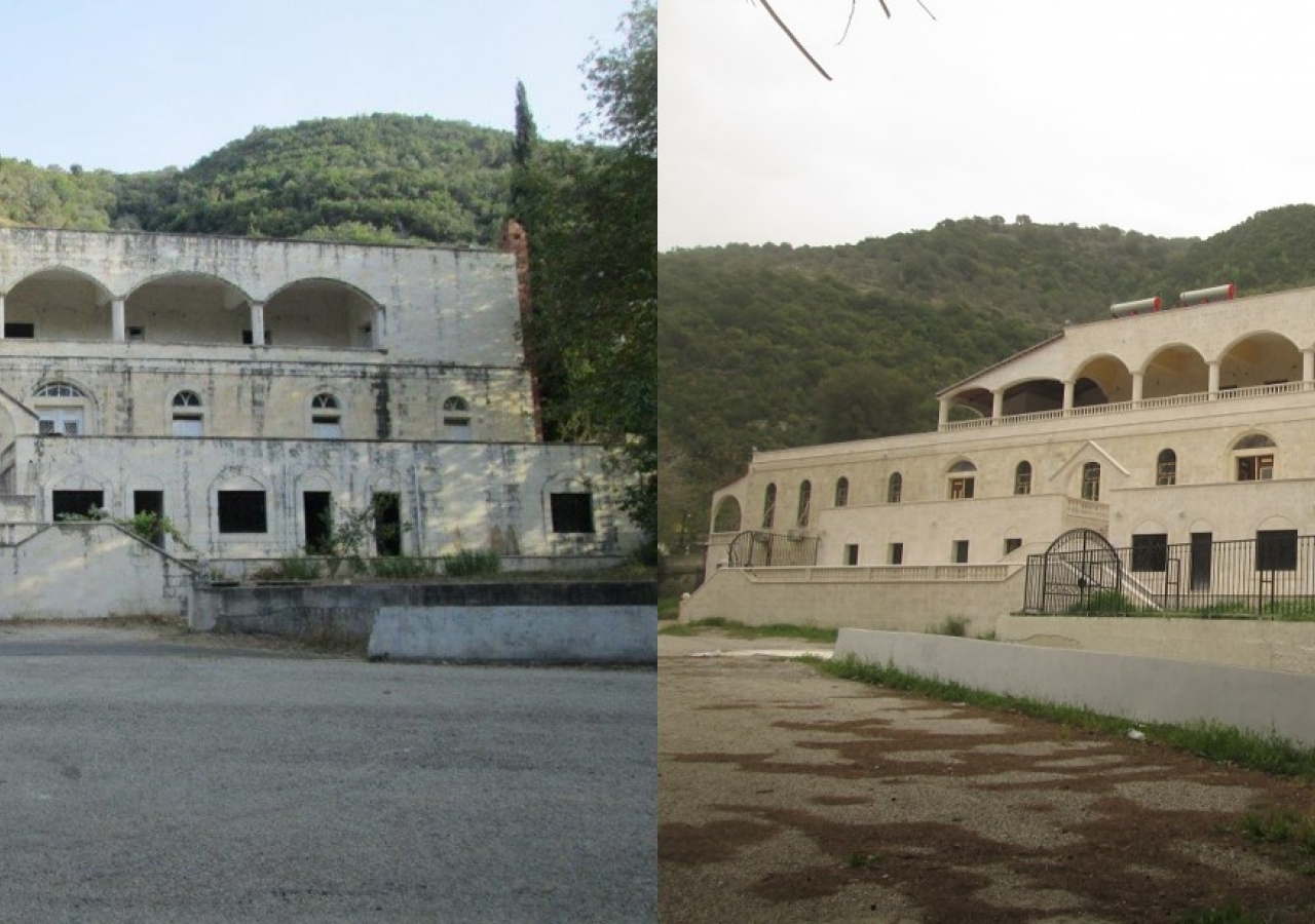 Al-Mohammadiyah School, Al-Khawabi, Syria - pictured before renovation (left), and the school after renovation for use as Emergency Operations and Reception Centre (right).