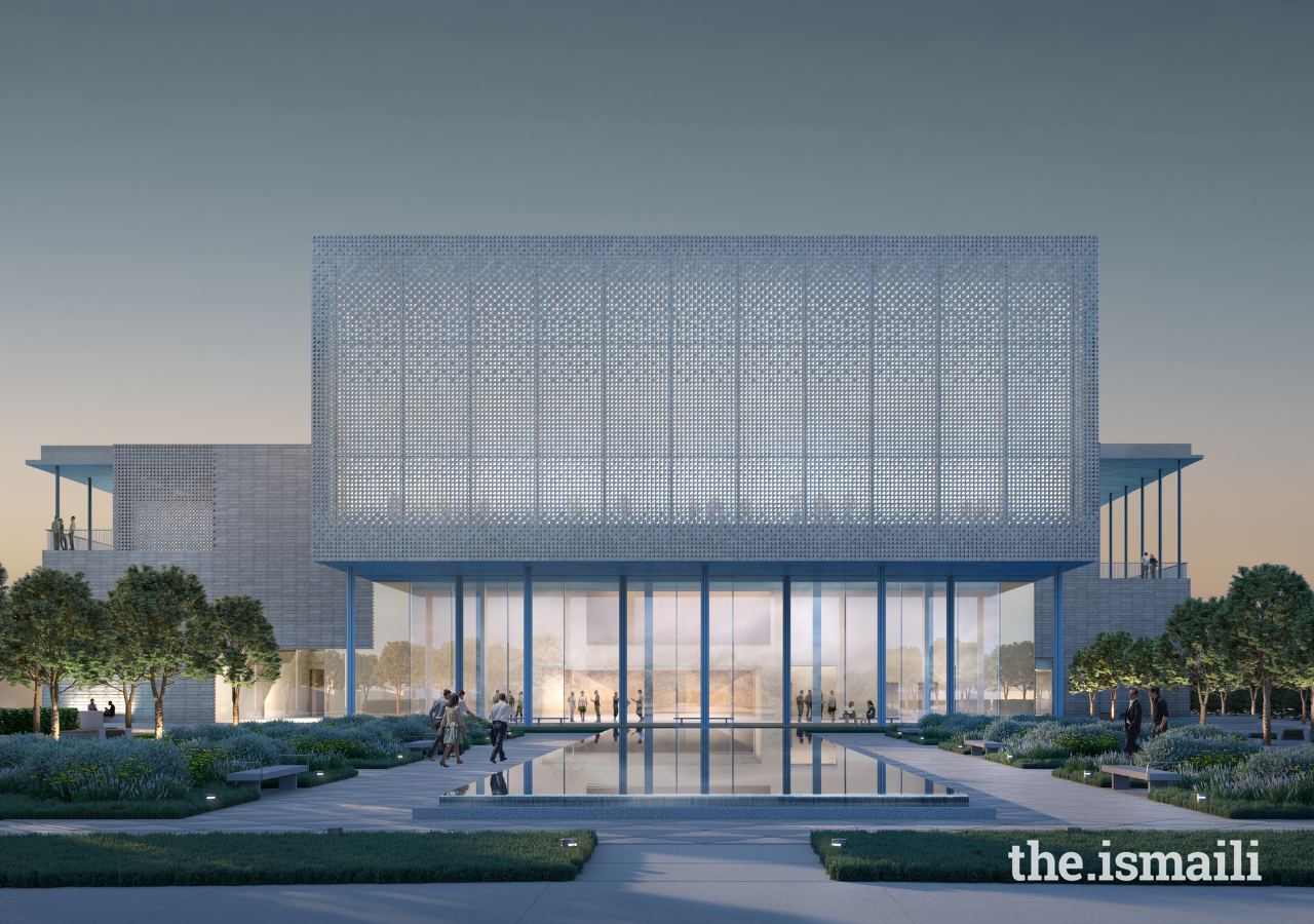 The forecourt garden with its reflecting pool at the entrance of the building creates a contemplative atmosphere. The new Center will feature beautiful spaces, intricate geometry, and highly crafted work.