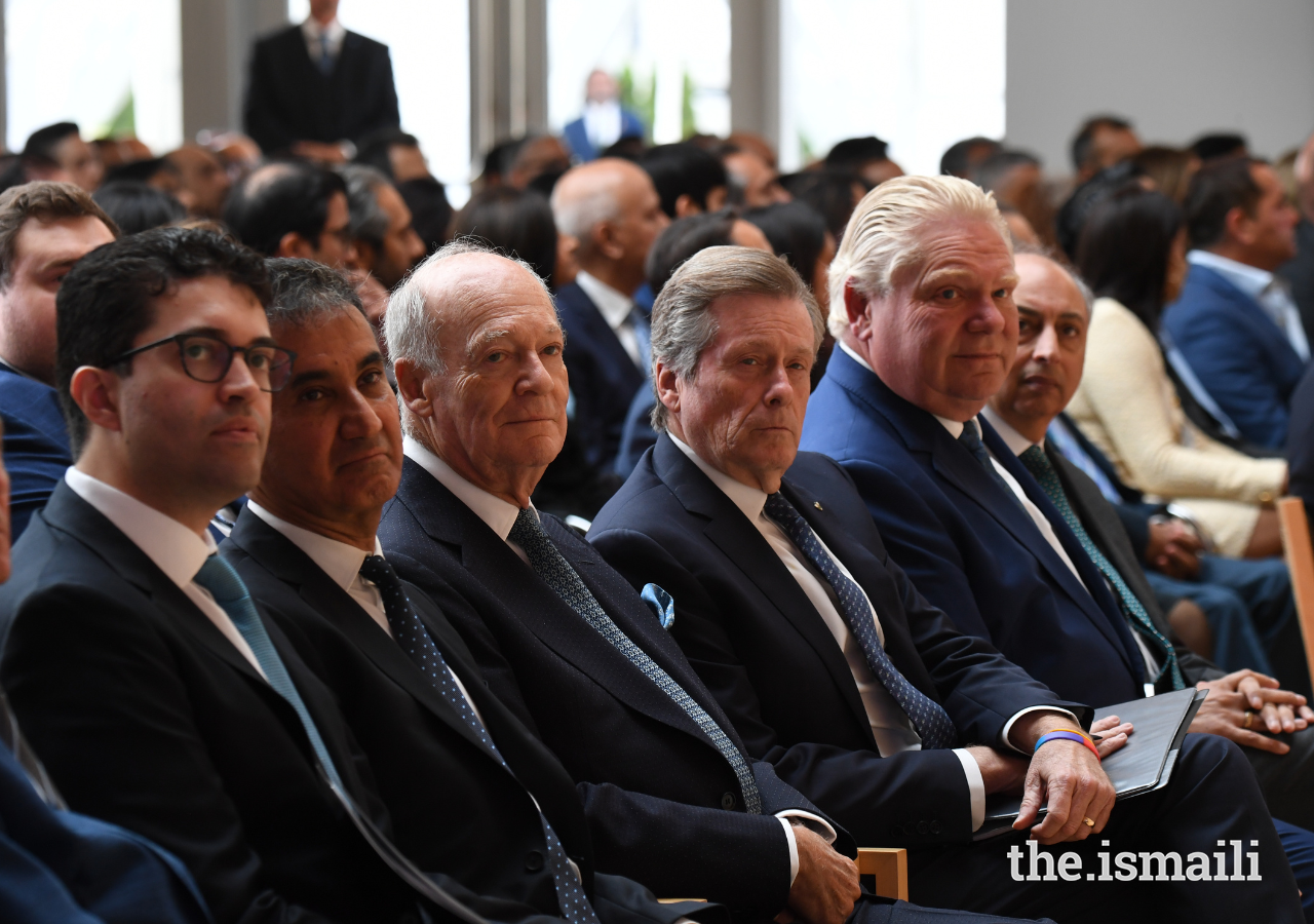 (L to R) Vice-President Karim Thomas and President Ameerally Kassim-Lakha of the Ismaili Council for Canada, Prince Amyn, Toronto Mayor John Tory, Ontario Premier Doug Ford, and Dr Mahmoud Eboo, Representative of the Delegation of the Ismaili Imamat.