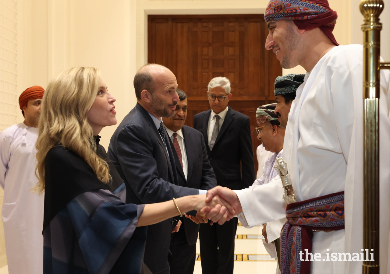 Prince Hussain and Princess Fareen offer well wishes to hosts of the event at the Royal Opera House in Muscat, including His Highness Sayyid Kamil bin Fahad bin Mahmood Al Said (right).