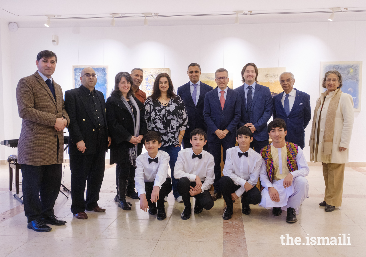 Prince Aly Muhammad joins leaders of the Jamat and guests for a group photograph at the Ismaili Centre Lisbon.