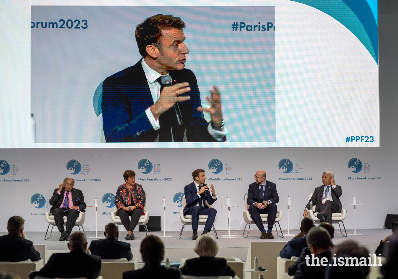 Emmanuel Macron, President of France, leads a panel discussion during the opening session of this year’s Paris Peace Forum.