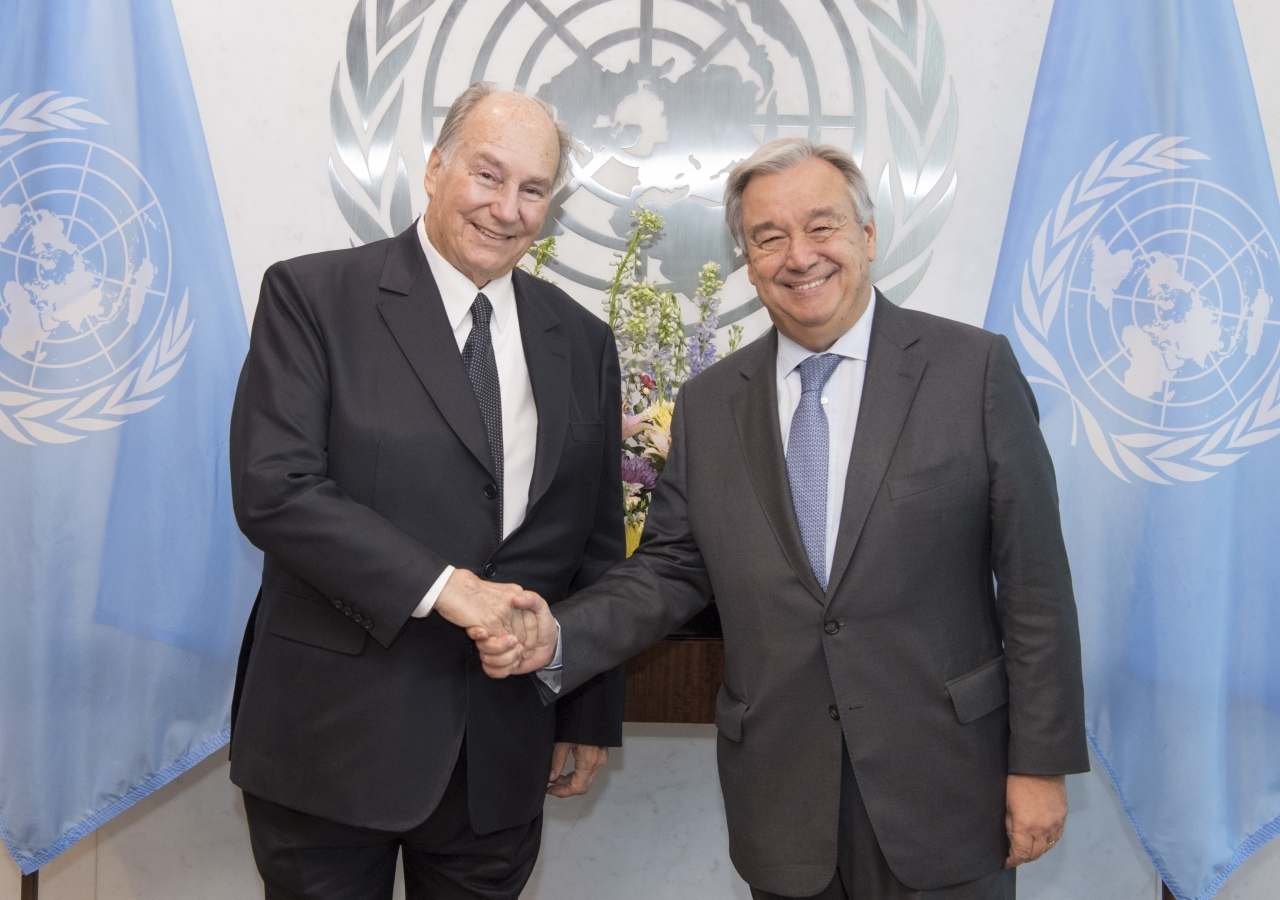 United Nations Secretary-General António Guterres with Mawlana Hazar Imam following their meeting at the United Nations Headquarters on 18 October 2017 in New York City.