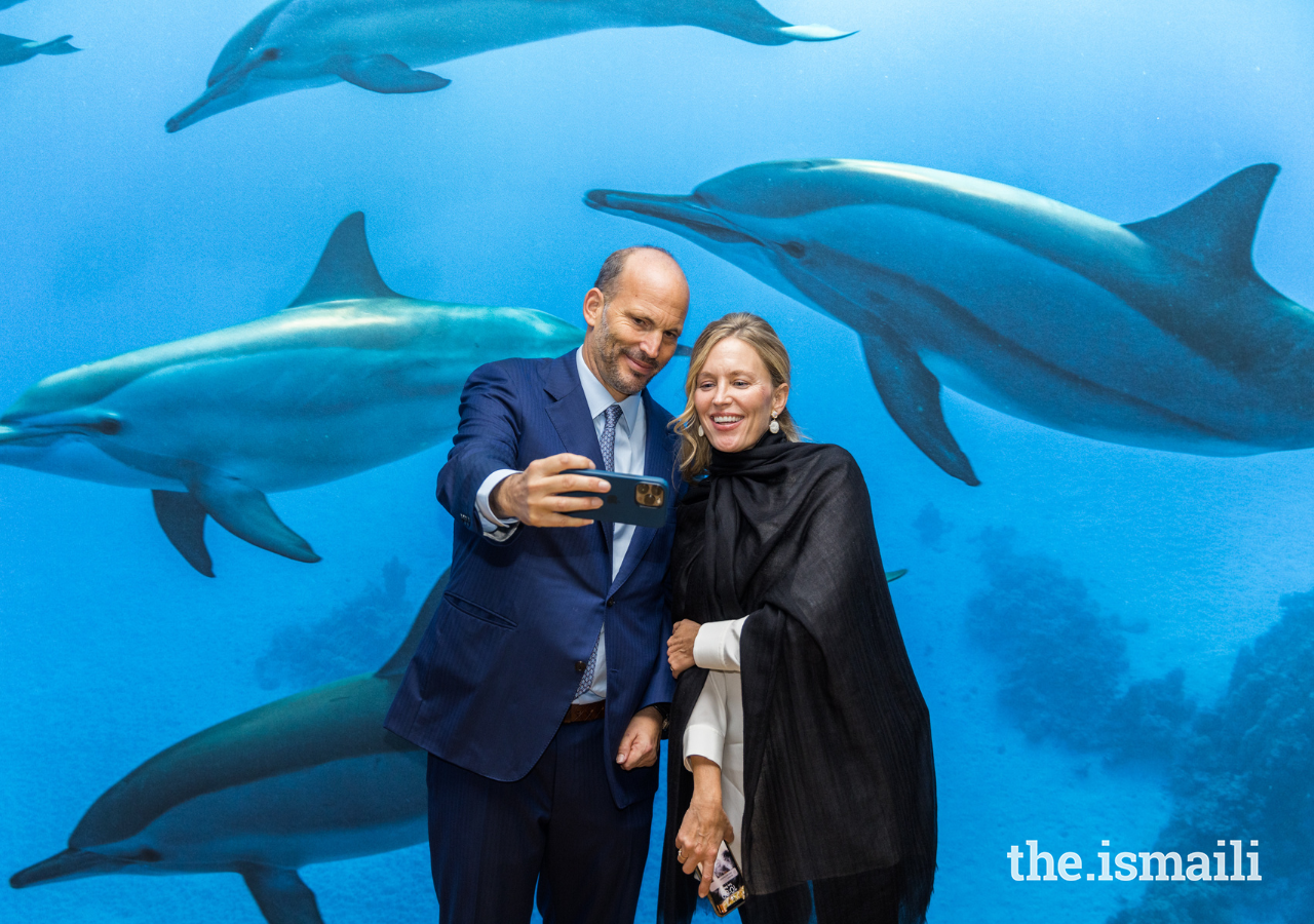Prince Hussain and Princess Fareen share a light moment at The Living Sea – Fragile Beauty Exhibition in London.