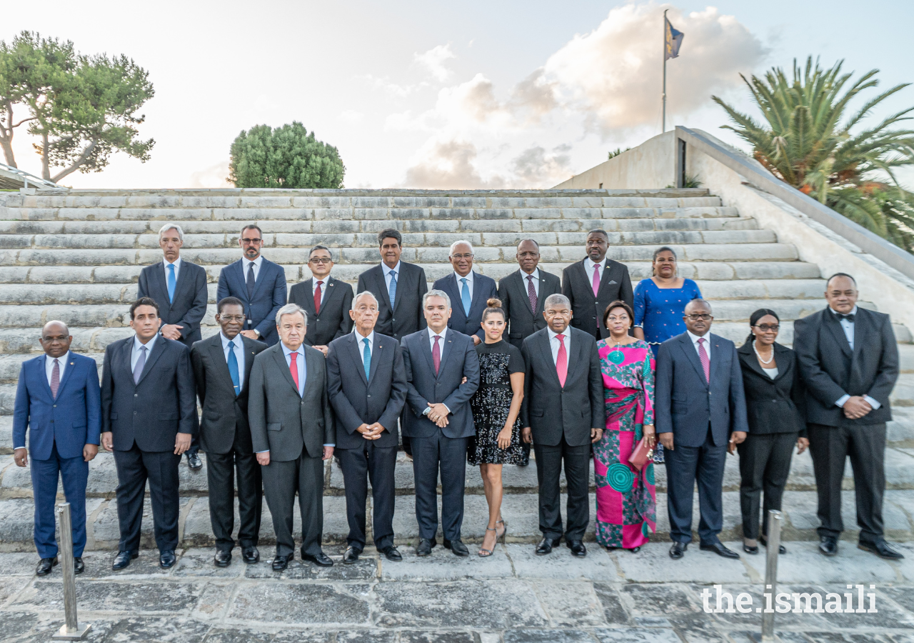 Guests gather for a group photograph at a dinner hosted by the President of the Portuguese Republic for Heads of State, Heads of Government, and other High Dignitaries attending the United Nations Ocean Conference in Lisbon on 27 June 2022.