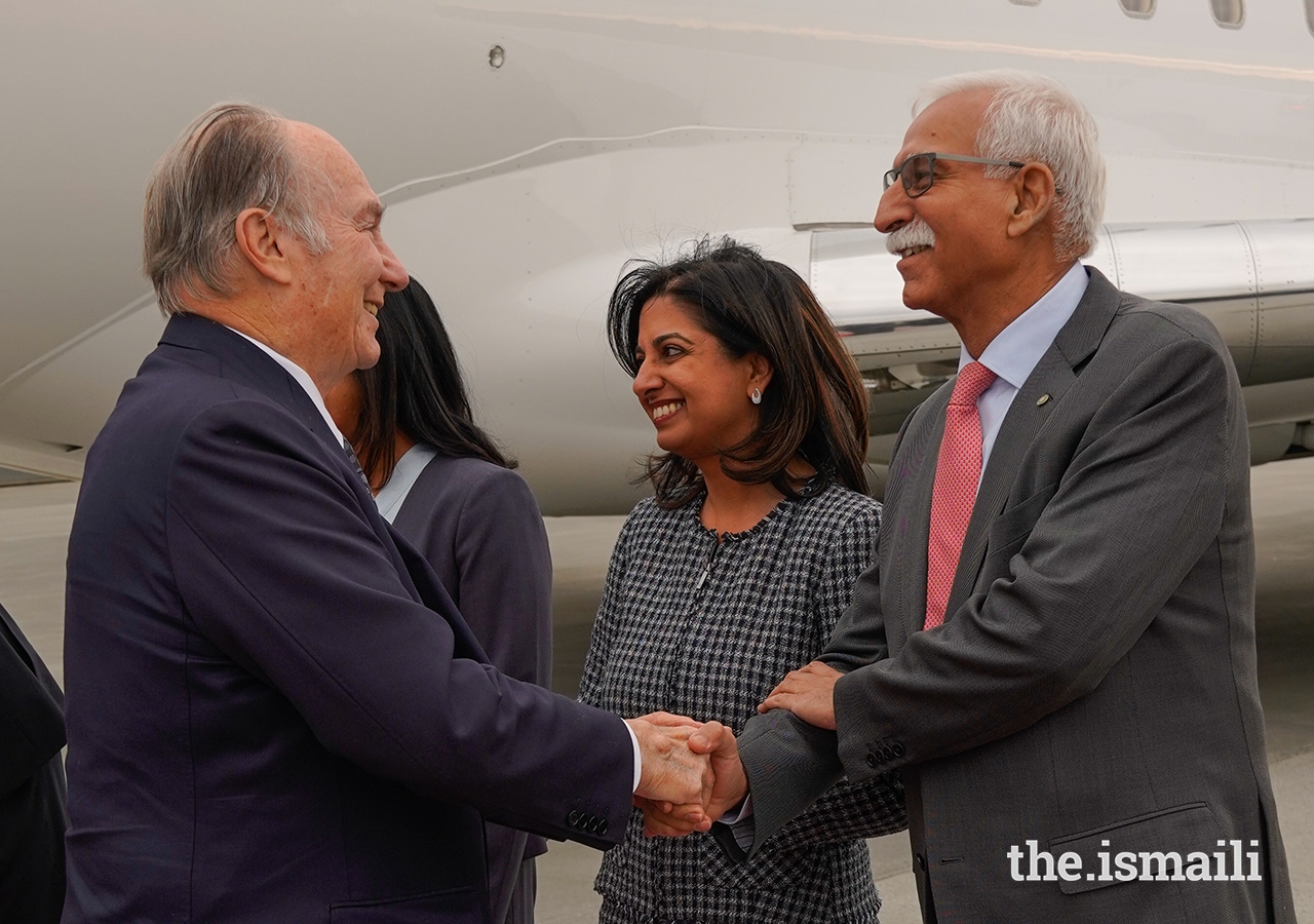 Aga Khan University President Firoz Rasul greets Mawlana Hazar Imam upon his arrival in Edmonton.