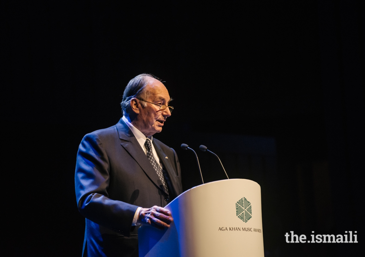 Mawlana Hazar Imam delivers remarks at the inaugural Aga Khan Music Awards, held at the Gulbenkian Foundation in Lisbon, Portugal.