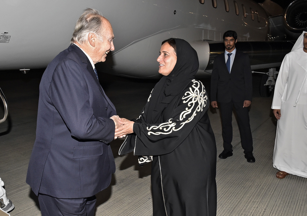 Mawlana Hazar Imam is received by Sheikha Lubna bint Khalid, Minister of State for Tolerance upon his arrival in Dubai. Gary Otte