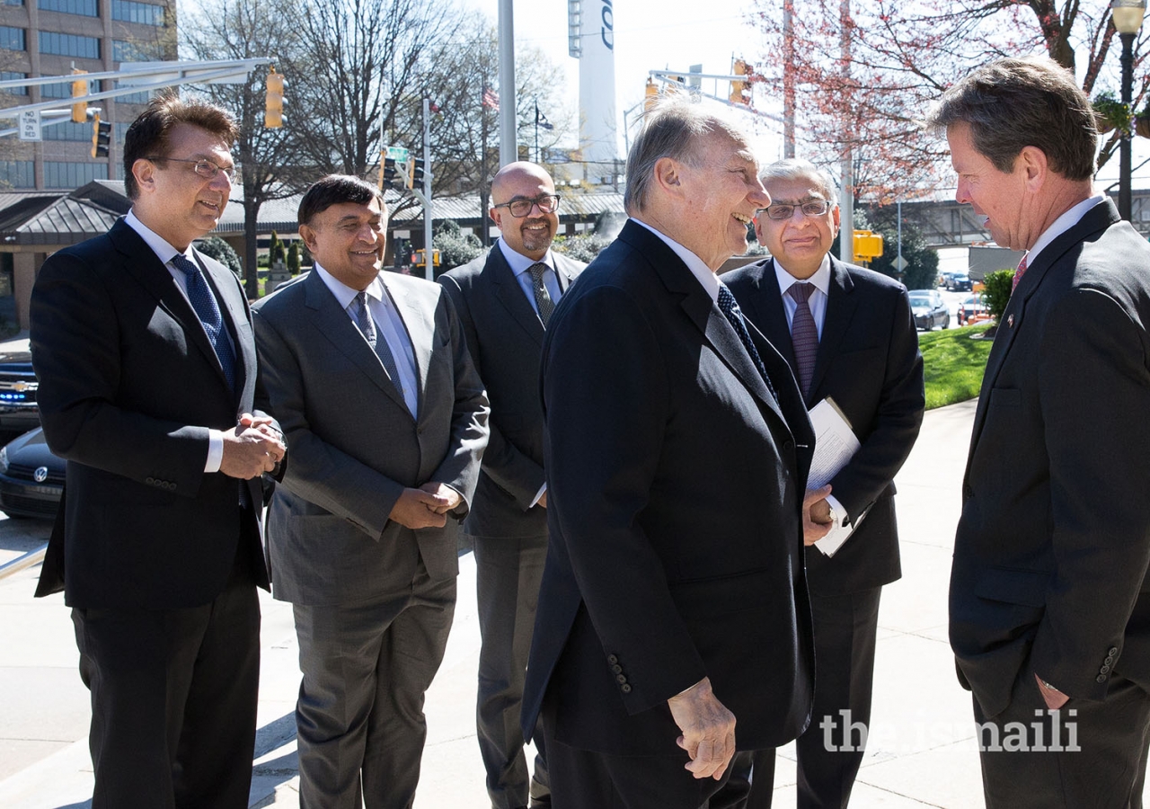 Secretary of State Brian Kemp welcomes Mawlana Hazar Imam at the Georgia State Capitol accompanied by leaders of the Jamat.