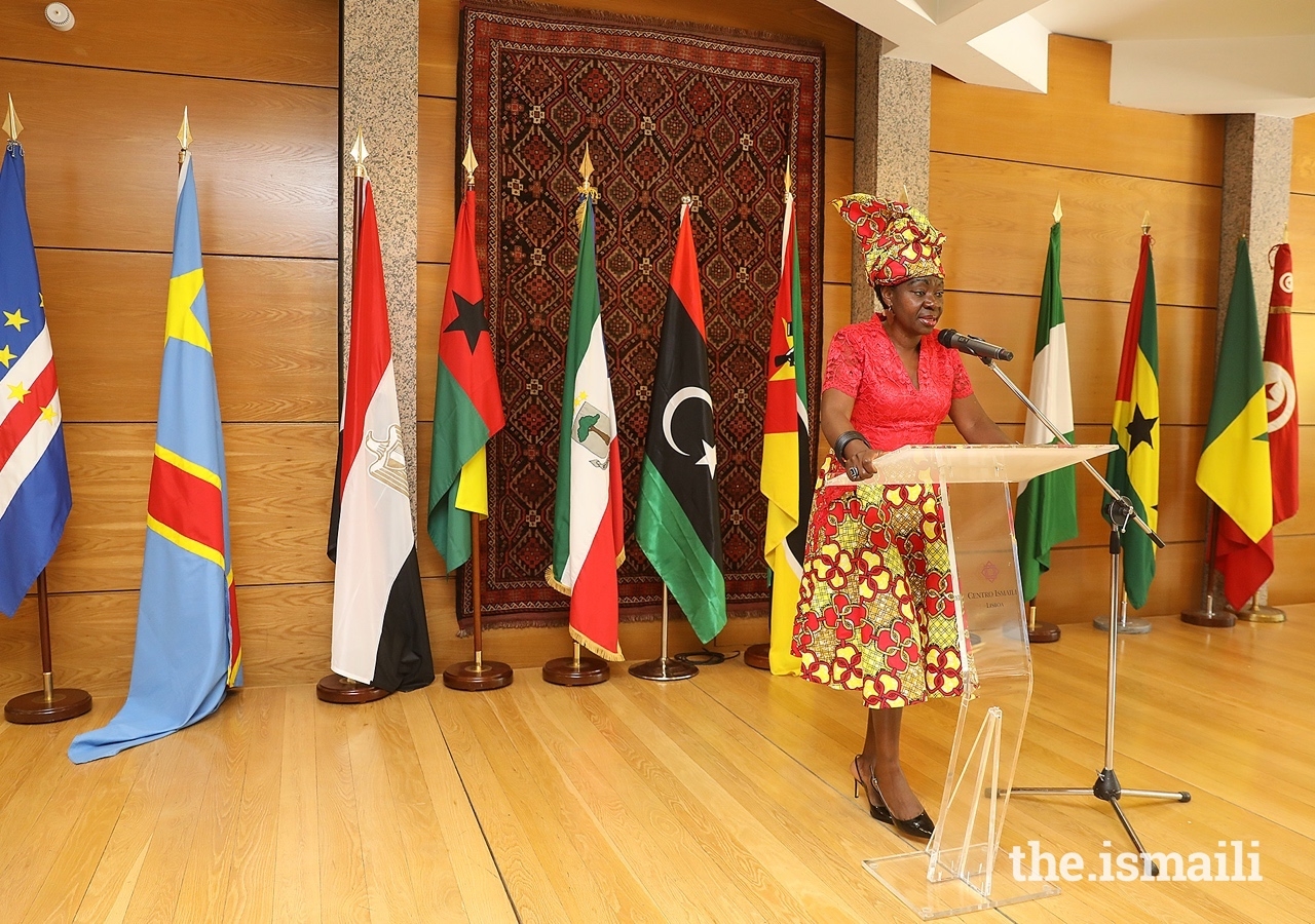Luzia Moniz, President of the Platform for the Development of African Women (PADEMA), delivering remarks on the occasion of the commemorations of Africa Day at the Ismaili Centre Lisbon.