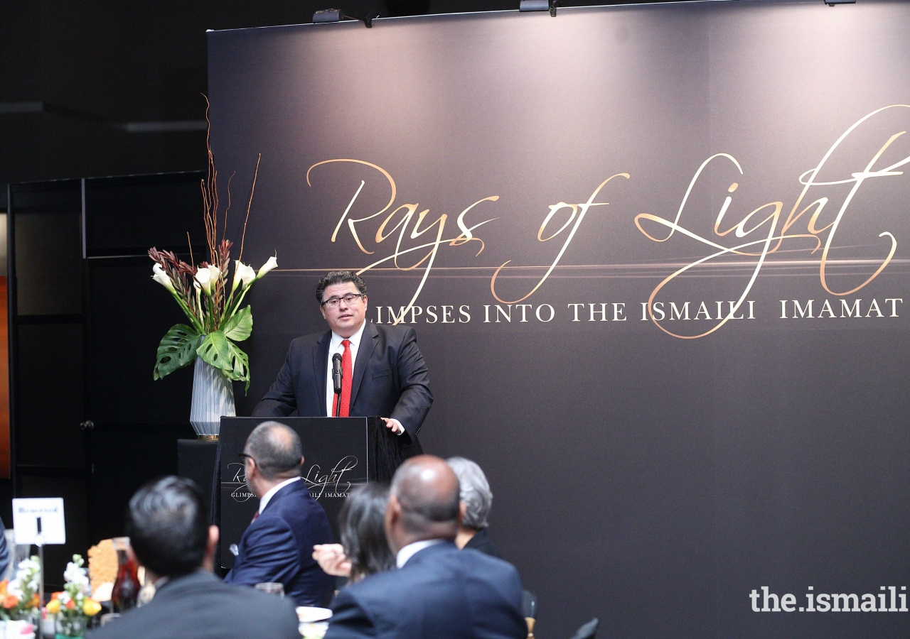 Texas Secretary of State, Rolando Pablos addresses the audience during the Rays of Light outreach event in Houston.